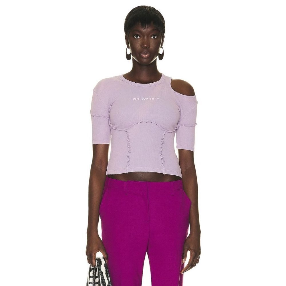 OFF-WHITE Laundry Ribbed logo Fit Tee in Lilac 36 XSmall New Womens Tshirt Top